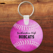 Schoolteam en spelersnaam roze softball sleutelhanger (Voorkant)