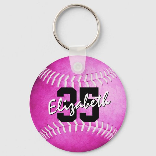 Schoolteam en spelersnaam roze softball sleutelhanger (Achterkant)