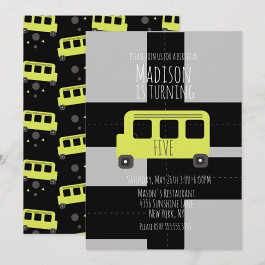 Schooltransportwiel- bus Birthday Party Aankondiging (Voorkant / Achterkant)