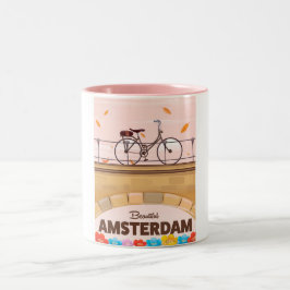 Schoon Amsterdam fiets reisposter. Tweekleurige Koffiemok