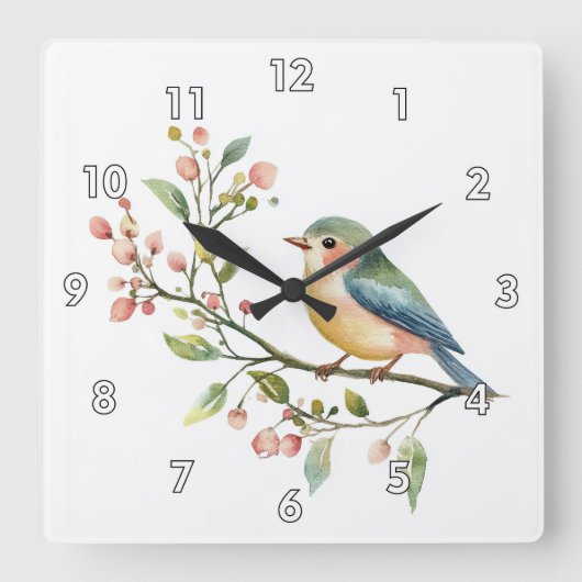 Schoon Aquarel Vogel Vierkante Klok (Voorkant)