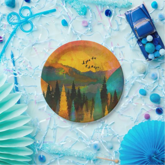 Schoon bergzonsondergang, bomen en vogels Huwelijk Papieren Bordje (Feest)