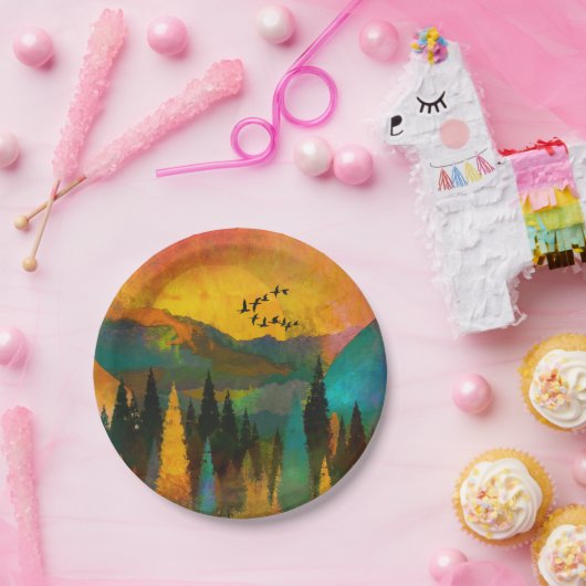 Schoon bergzonsondergang, bomen en vogels Huwelijk Papieren Bordje (Feest)