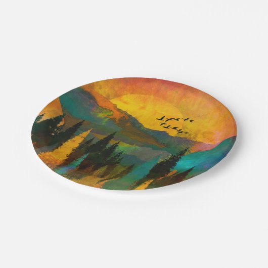 Schoon bergzonsondergang, bomen en vogels Huwelijk Papieren Bordje (Gekanteld)