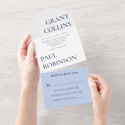 Schoon blauw wit minimalistische bruiloft all in one uitnodiging (Afscheurbaar)