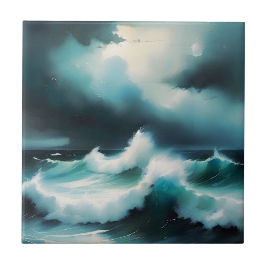 Schoon blauwe oceaan golven schilderij tegeltje (Voorkant)