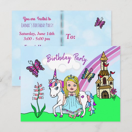 Schoon blond prinses en eenhoorn verjaardagsuitnod briefkaart (Voorkant / Achterkant)
