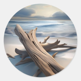 Schoon drijfhout op het strand. ronde sticker
