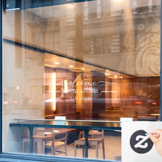 Schoon Eenvoudig Welkom script dag uren Wit Raamsticker (Cafe Raam)