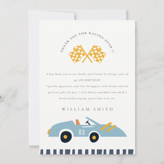 Schoon Elegant Blauw Raceauto Kinderen Verjaardag  Bedankkaart (Voorkant)