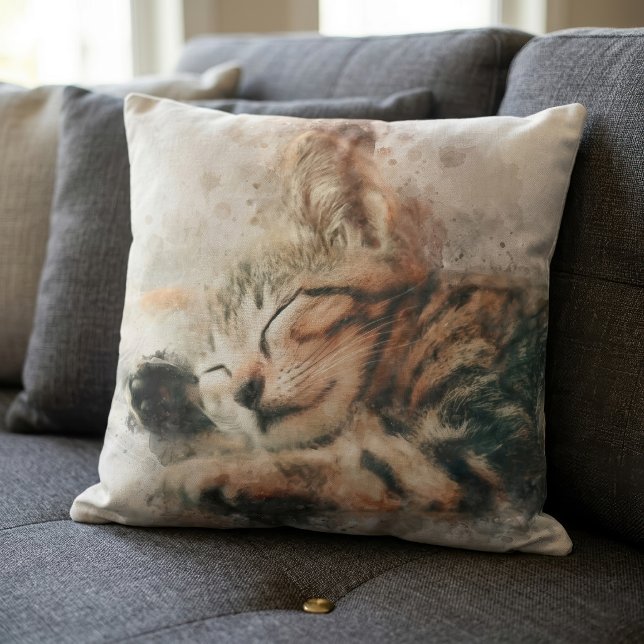 Schoon en schattig slapend waterverf kitten kussen (Beautiful and cute kitten sleeping watercolor. throw pillow )