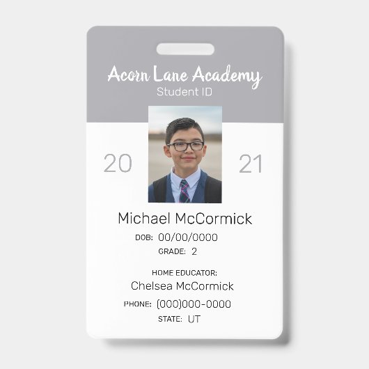 Schoon Grijs Huisonderwijs Student ID Badge (Voorzijde)