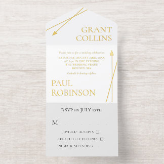 Schoon grijs wit goud pijl minimalistische trouw all in one uitnodiging