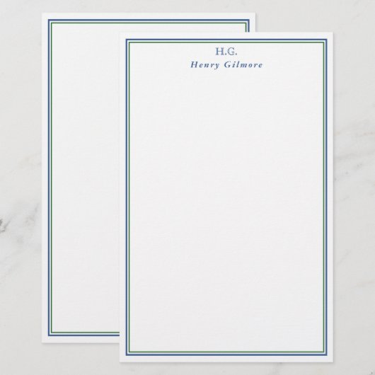 Schoon Groen Marine Blauw Monogrammed Briefpapier (Voorkant / Achterkant)