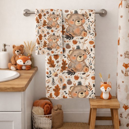 Schoon Herfst Beer & Bos Gebladerte Patroon Bad Handdoek