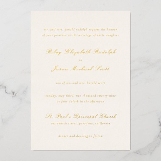 Schoon Ivoor en Goud Elegant Bruiloft Folie Uitnodiging (Voorkant)