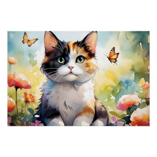 Schoon Kat in Lente Tuin met Vlinders Perfect Poster