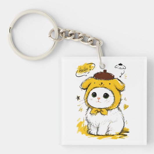 Schoon Kat Pudding Hoed Hallo Schattig Kunst Sleutelhanger (Voorkant)