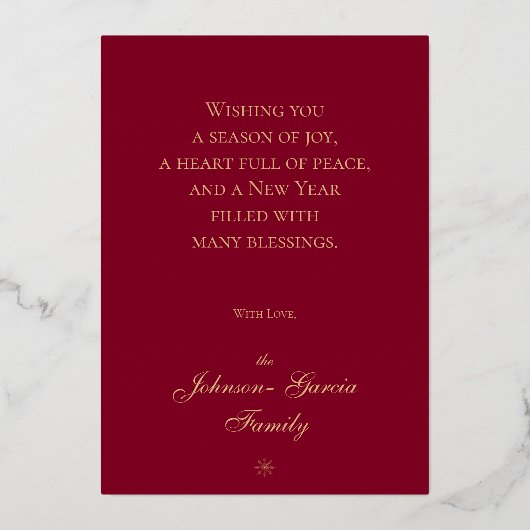 Schoon Klassiek Burgundy Sneeuwvlokken Kerst Goud Folie Feestdagenkaart (Achterkant)