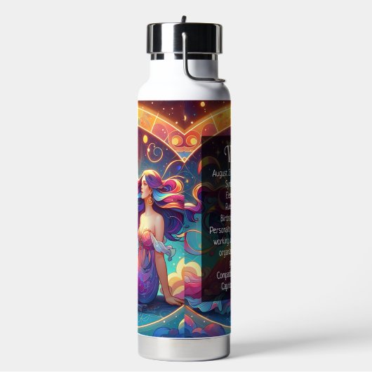 Schoon Maagd-vrouw met horoscoopinfo op achterkant Waterfles (Links)