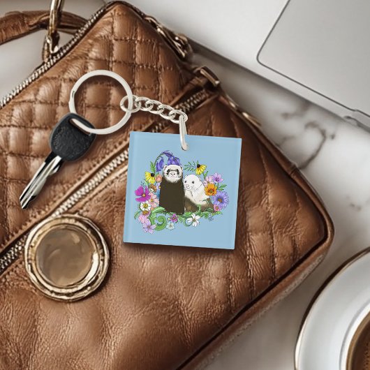 Schoon Maanziek Blauw Zoet Bloemmotief Fretjes Paa Sleutelhanger
