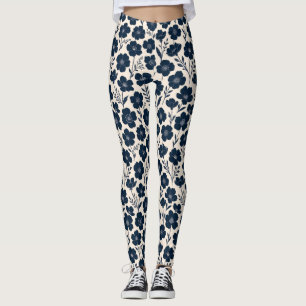 Schoon monochroom wildbloemen in marineblauw op cr leggings