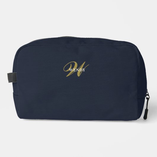Schoon Navy Blauwe Gouden Monogram Accessoires Toilettasje (Voorkant)