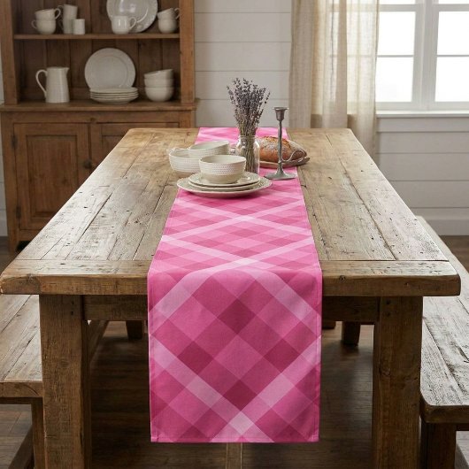 Schoon roze magenta geruite grote tafel runner lange tafelloper