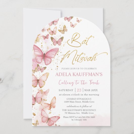 Schoon Roze Vlinders Bat Mitzvah 13de Verjaardag B Kaart (Voorkant)