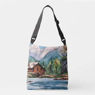 Schoon schilderij van een berghuis crossbody tas