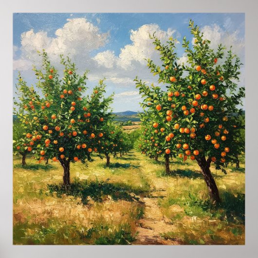 Schoon sinaasappelboomgaard onder een heldere blau poster (Voorkant)