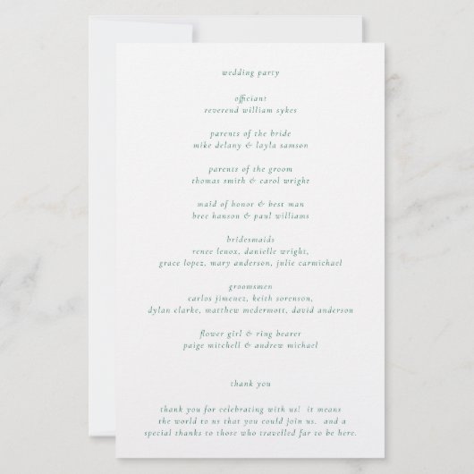 Schoon smaragdgroen elegant huwelijksprogramma (Achterkant)