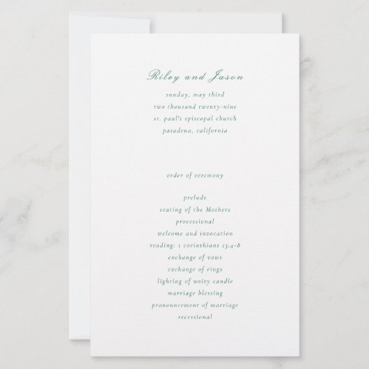 Schoon smaragdgroen elegant huwelijksprogramma (Voorkant)