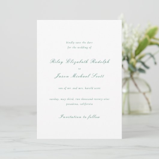 Schoon smaragdgroen elegante bruiloft save the date (Staand voorkant)
