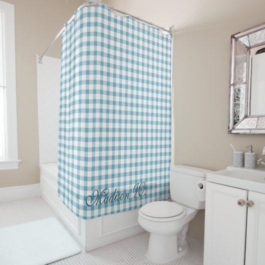 Schoon Stof Blauw Gingham Patroon Douchegordijn (In situ)