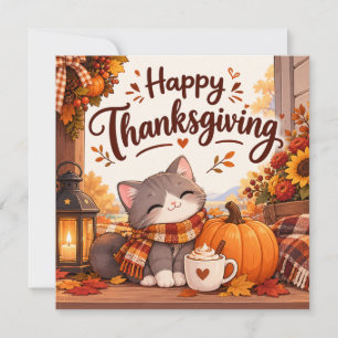Schoon Thanksgiving Kitten op gezellige veranda Feestdagenkaart