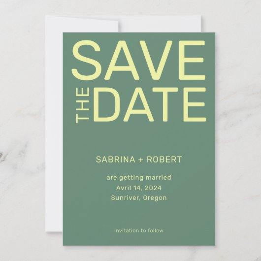 Schoon Unieke Sage Groen & Geel Script Wedding Save The Date (Voorkant)
