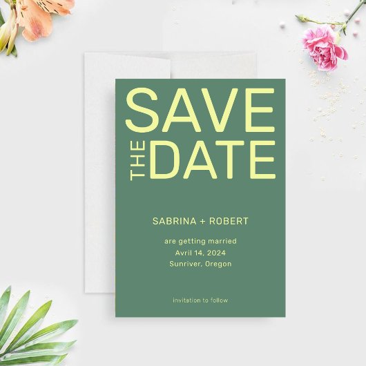 Schoon Unieke Sage Groen & Geel Script Wedding Save The Date