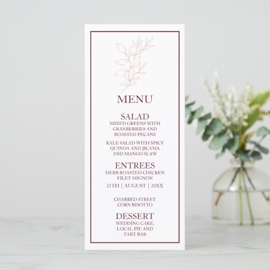 Schoon Wit en Roze Eenvoudig blad | Moderne bruilo Menu (Staand voorkant)