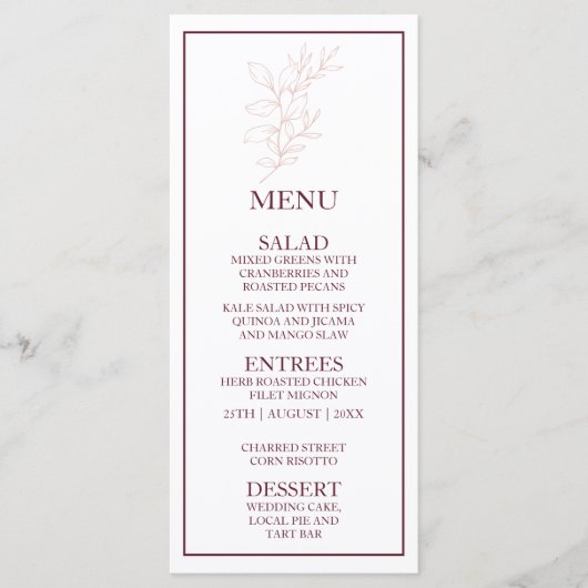 Schoon Wit en Roze Eenvoudig blad | Moderne bruilo Menu (Voorkant)