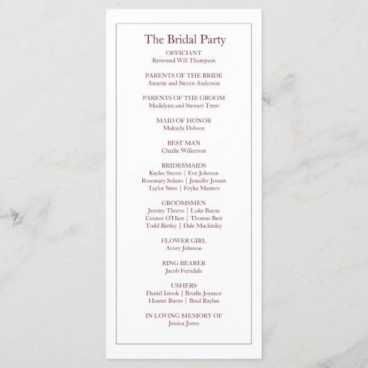 Schoon Wit en Roze Eenvoudig blad | Moderne bruilo Programmakaart (Achterkant)