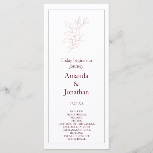 Schoon Wit en Roze Eenvoudig blad | Moderne bruilo Programmakaart (Voorkant)