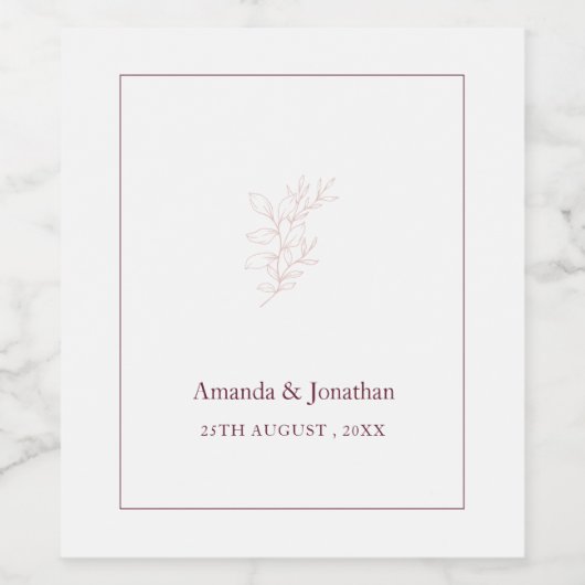 Schoon Wit en Roze Eenvoudig blad | Trouwwijn Wijn Etiket (Enkel label)