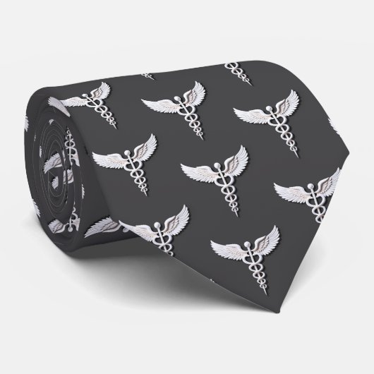 Schoon wit gedetailleerd Caduceus medisch antracie Stropdas (Opgerold)