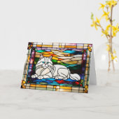 Schoon Witte Perzische Kat Gebrandschilderd Glas Kaart (Gele Bloem)