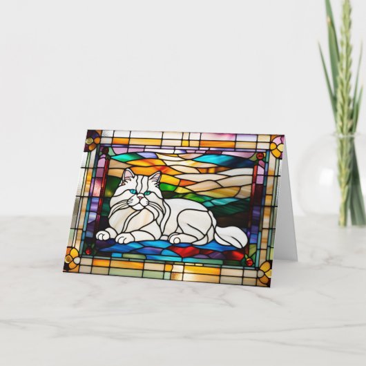 Schoon Witte Perzische Kat Gebrandschilderd Glas Kaart (Voorkant)