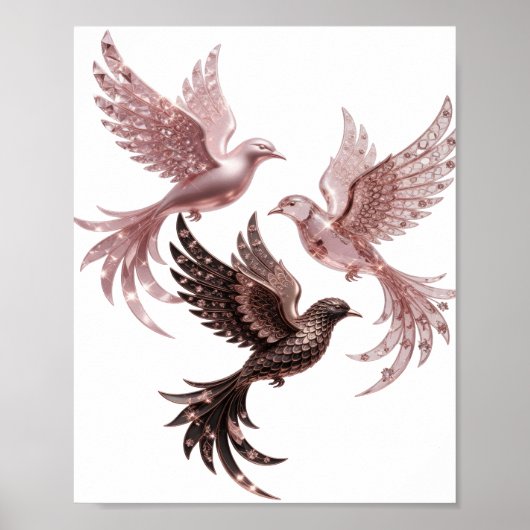 Schoon Zilver DRIE ROZE GOUDE VOGELS Poster (Voorkant)