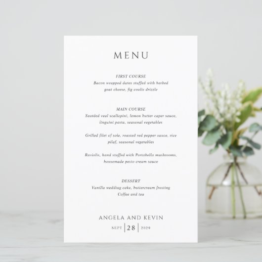 Schoon zwart en wit modern trouwmenu (Staand voorkant)