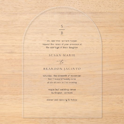 Schoon zwart-wit monogram moderne bruiloft acryl uitnodigingen (Voorkant)