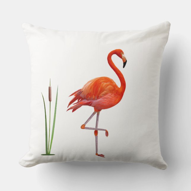 Schoone Rode Flamingo Vogel & Riet Plant op Wit Kussen (Voorkant)
